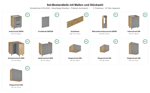 Winkelküche K105-G330 – Nexa Beige Woodline – Praktisch durchdacht für Ihr Zuhause – Maßbild (Set-Bestandteile mit Maßen und Stückzahl)