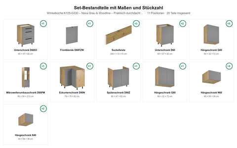 Winkelküche K105-G330 – Nexa Grau & Woodline – Praktisch durchdacht für Ihr Zuhause – Maßbild (Set-Bestandteile mit Maßen und Stückzahl)