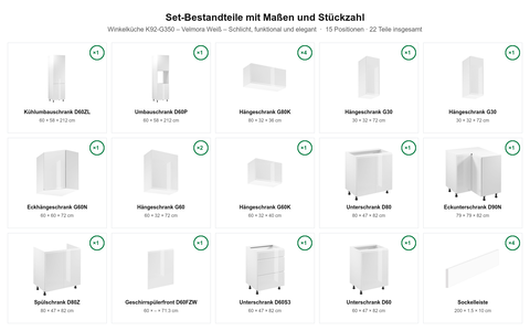 Winkelküche K92-G350 – Velmora Weiß – Schlicht, funktional und elegant – Maßbild (Set-Bestandteile mit Maßen und Stückzahl)