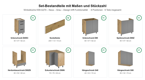 Winkelküche K99-G270 – Nexa – Grau – Design trifft Funktionalität – Maßbild (Set-Bestandteile mit Maßen und Stückzahl)