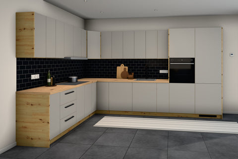 Winkelküche L-Form Nexa – Beige & Artisan-Eiche – 360 × 260 cm – KÜ-LAN-001 – Raumansicht frontal