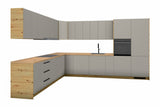Winkelküche L-Form Nexa – Beige & Artisan-Eiche – 360 × 260 cm – KÜ-LAN-001 – freigestellt auf Weiß