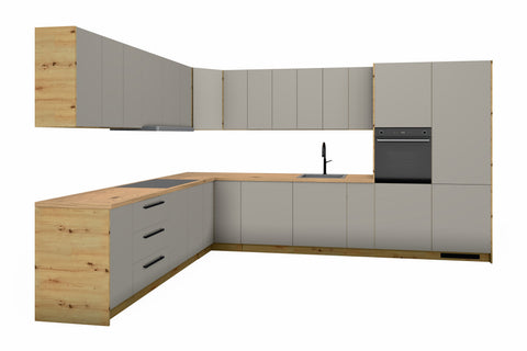Winkelküche L-Form Nexa – Beige & Artisan-Eiche – 360 × 260 cm – KÜ-LAN-001 – freigestellt auf Weiß