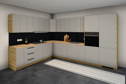 Winkelküche L-Form Nexa – Beige & Artisan-Eiche – 360 × 260 cm – KÜ-LAN-001 – Raumansicht über Eck von rechts