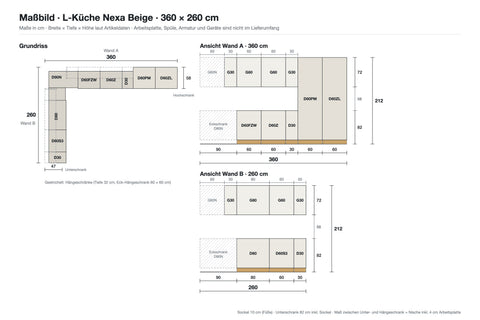 Winkelküche L-Form Nexa – Beige & Artisan-Eiche – 360 × 260 cm – KÜ-LAN-001 – Maßbild (Grundriss und Wandansichten mit Maßen)