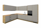 Winkelküche L-Form Nexa – Beige & Artisan-Eiche – 360 × 260 cm – KÜ-LAN-001 – freigestellt, über Eck von rechts