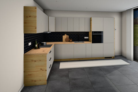 Winkelküche L-Form Nexa – Beige & Artisan-Eiche – 360 × 260 cm – KÜ-LAN-001 – Raumansicht über Eck von links