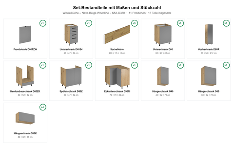 Winkelküche – Nexa Beige Woodline – K53-G330 – Maßbild (Set-Bestandteile mit Maßen und Stückzahl)