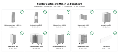 Winkelküche – Velmora Grau – K31-G300 L – Maßbild (Set-Bestandteile mit Maßen und Stückzahl)