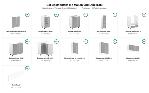 Winkelküche – Velmora Grau – K54-G330 L – Maßbild (Set-Bestandteile mit Maßen und Stückzahl)