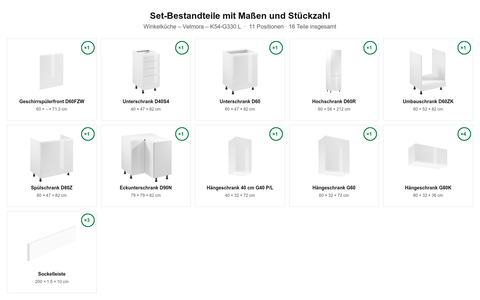 Winkelküche – Velmora – K54-G330 L – Maßbild (Set-Bestandteile mit Maßen und Stückzahl)