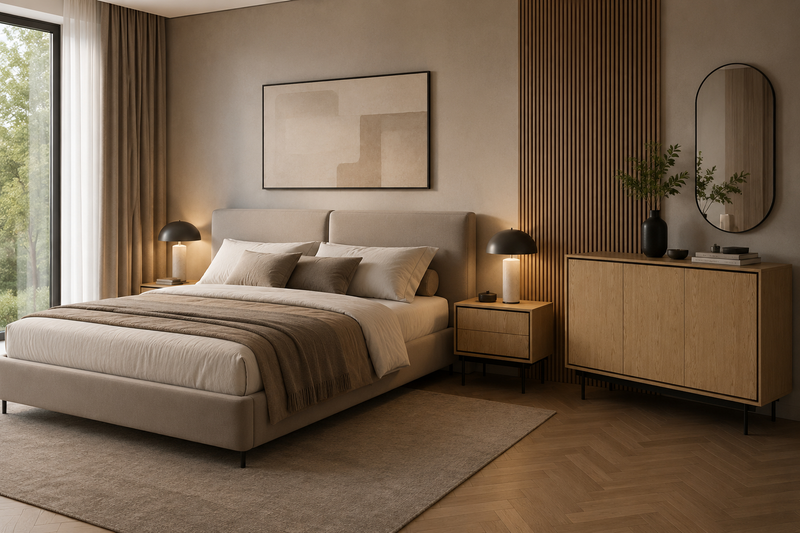 Delvaro Schlafzimmer-Set 3-teilig – Modernes Design in Baltic Dune mit schwarzem Stahlgestell