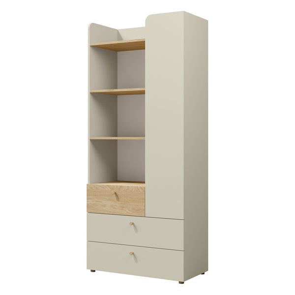 Yuki Hochregal 80 cm mit 1 Tür, 3 Schubladen und offenen Fächern – Graubeige / Eiche geölt