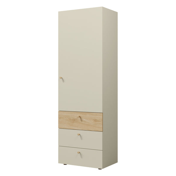 Yuki Hochschrank schmal 60 cm mit 1 Tür und 3 Schubladen – Graubeige / Eiche geölt