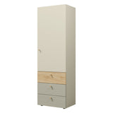 Yuki Hochschrank schmal (Halbschrank) mit Tür und Schubladen in Graubeige / Eiche geölt / Eukalyptus