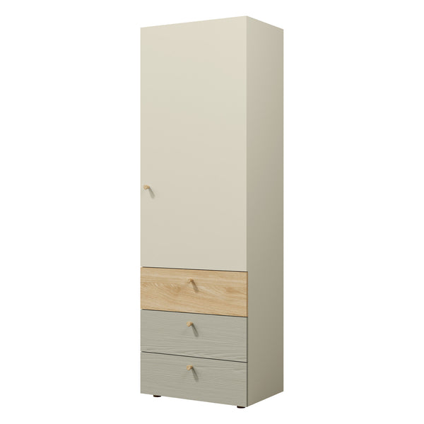 Yuki Hochschrank schmal 60 cm mit 1 Tür und 3 Schubladen – Graubeige / Eiche geölt / Eukalyptus