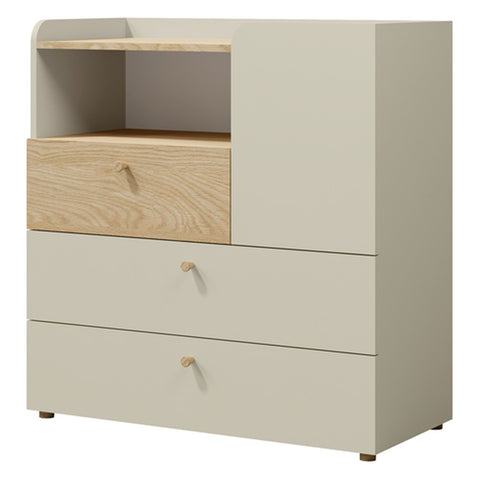 Yuki Kommode mit Tür, Schubladen und offenem Fach in Graubeige / Eiche geölt